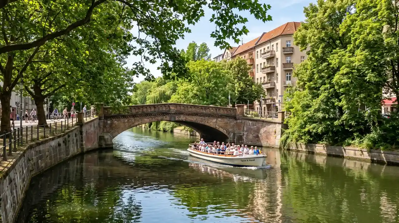 Small boat on Berlin's leafy Landwehr Canal in summer
