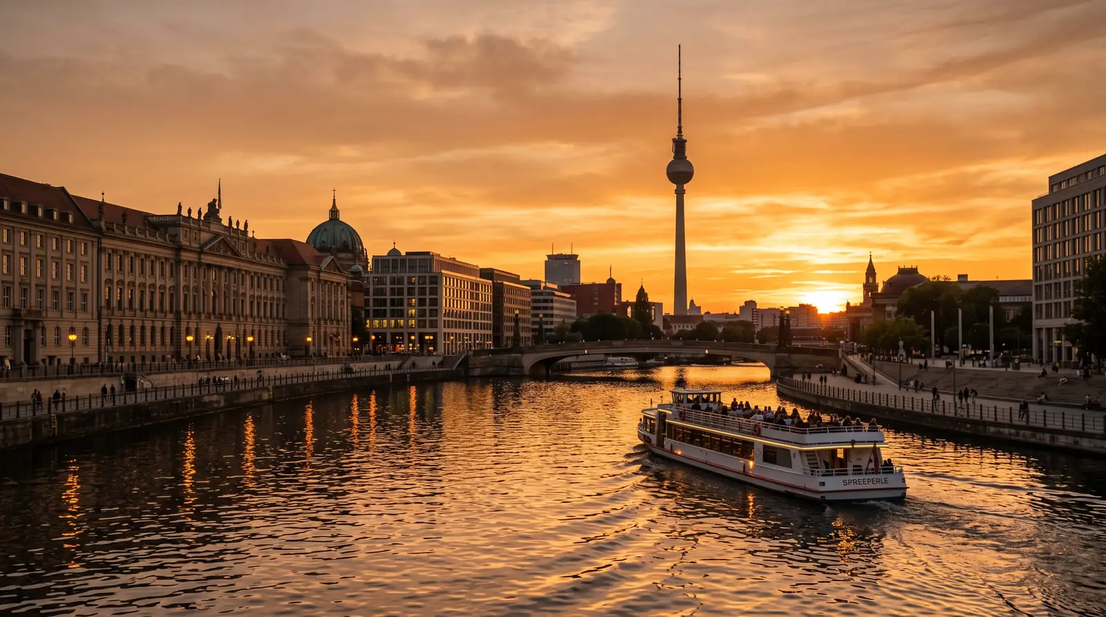 Golden sunset cruise on the Berlin Spree with the TV Tower