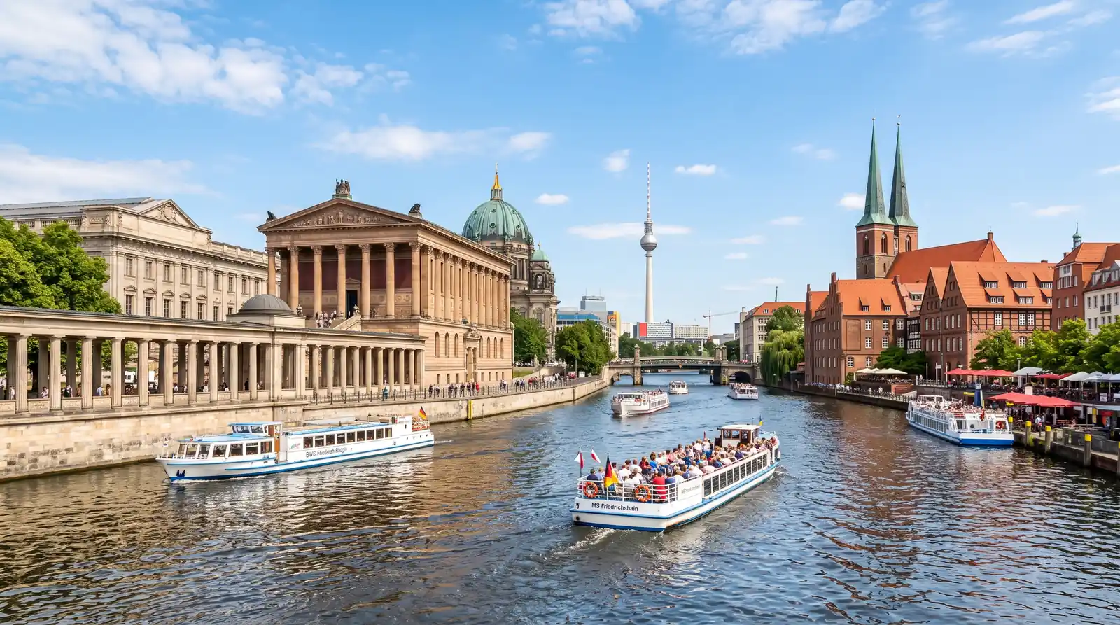 Sightseeing boats on the Spree by Museum Island in Berlin