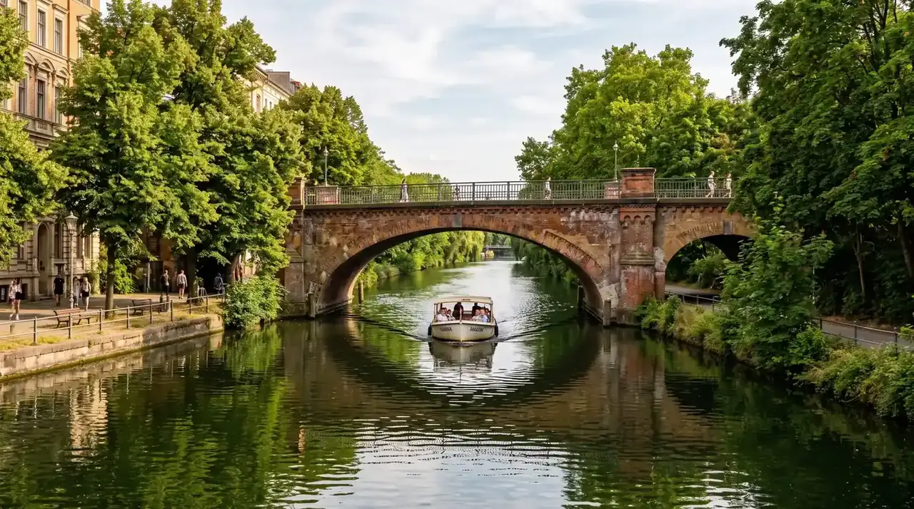 Berlin canal boat passing under a brick bridge arch