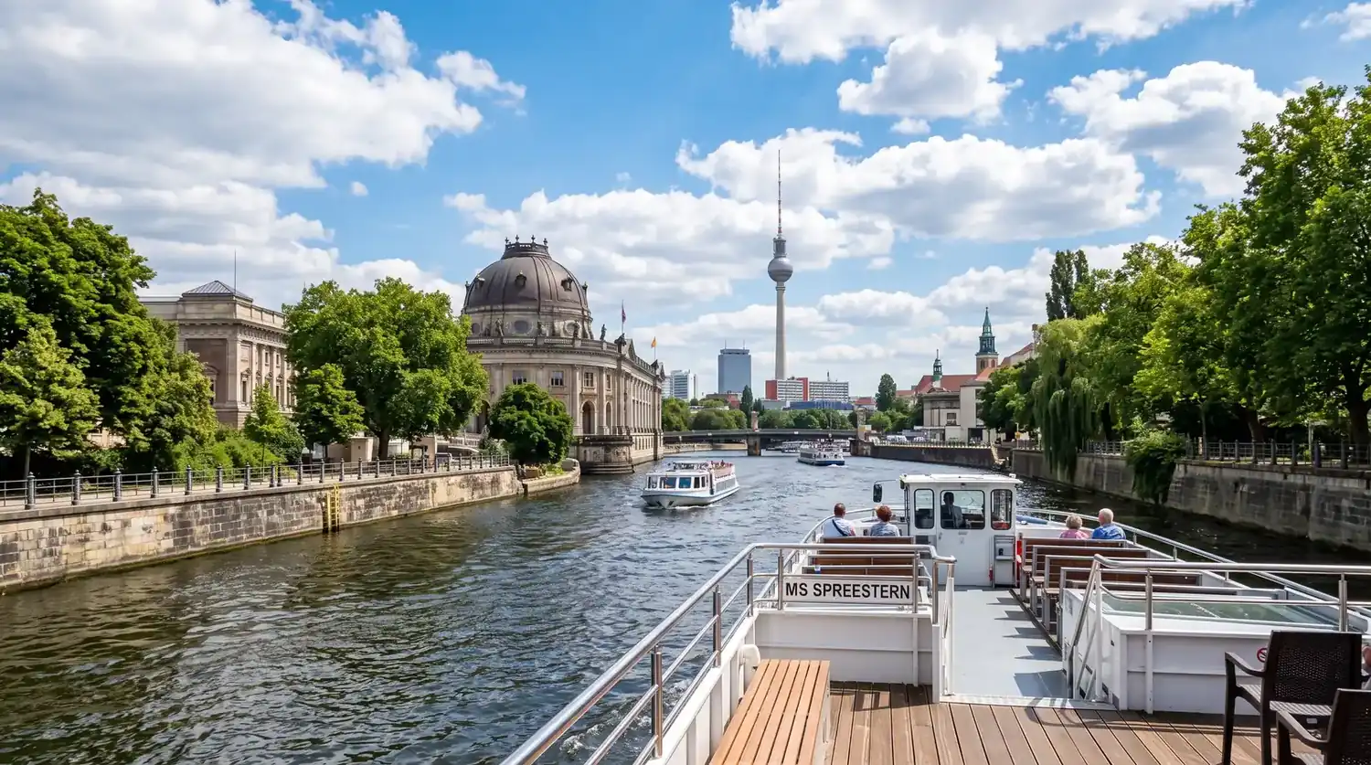 Open-deck canal view toward a Berlin museum dome and TV Tower