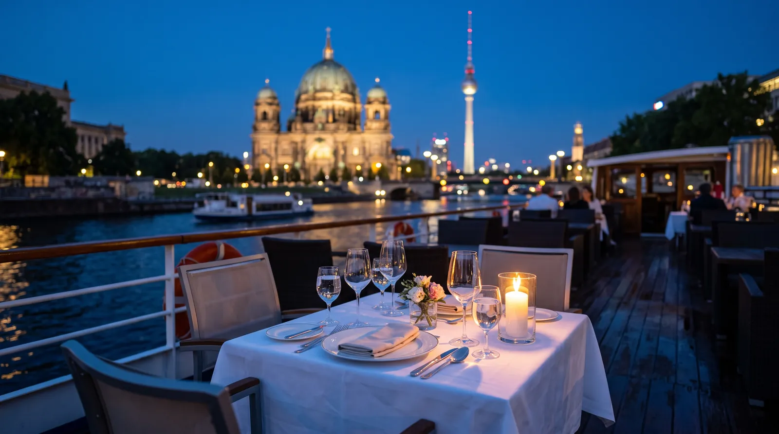 Elegant dinner table on a Berlin cruise boat at blue hour