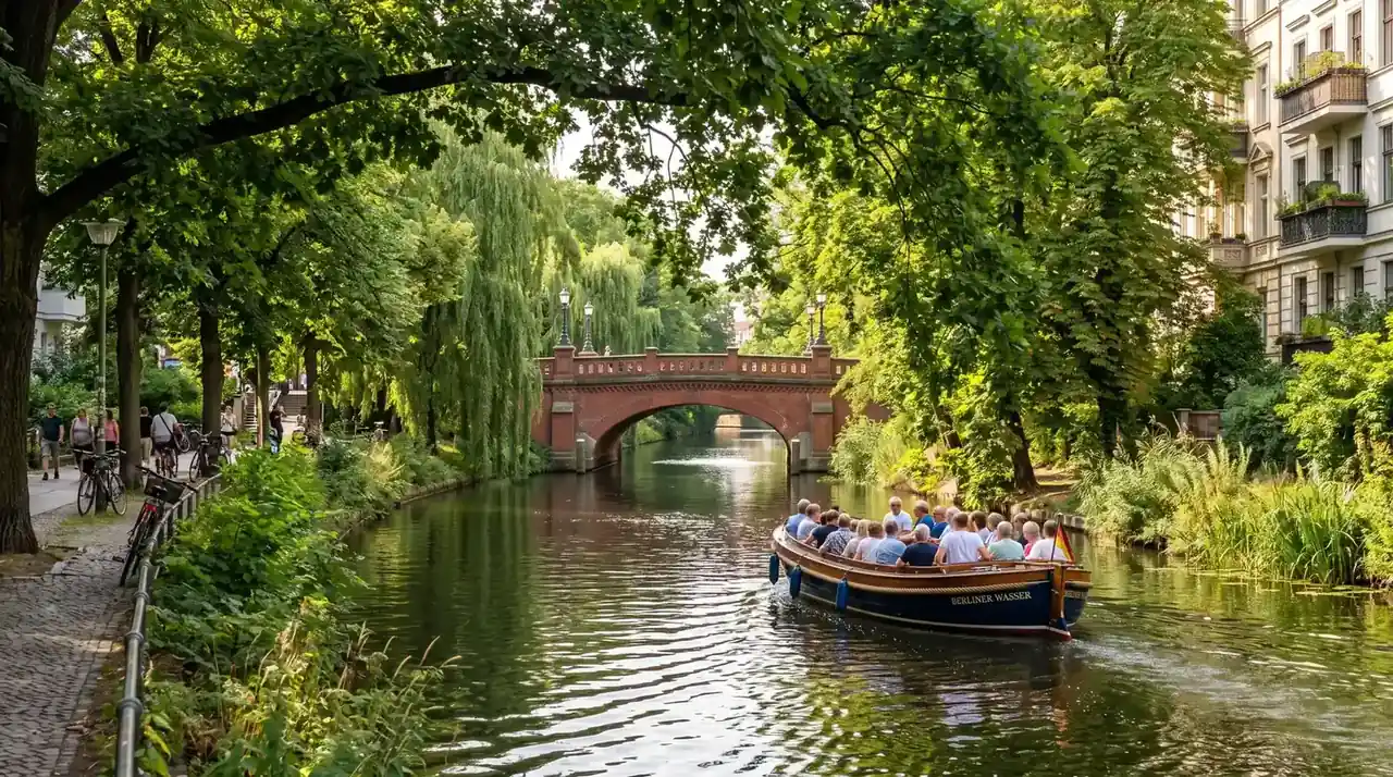 Small boat on Berlin's leafy Landwehr Canal in summer