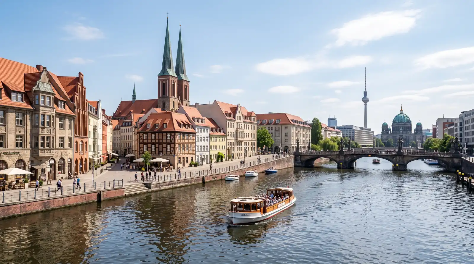 Small boat by Berlin's historic Nikolaiviertel on the Spree