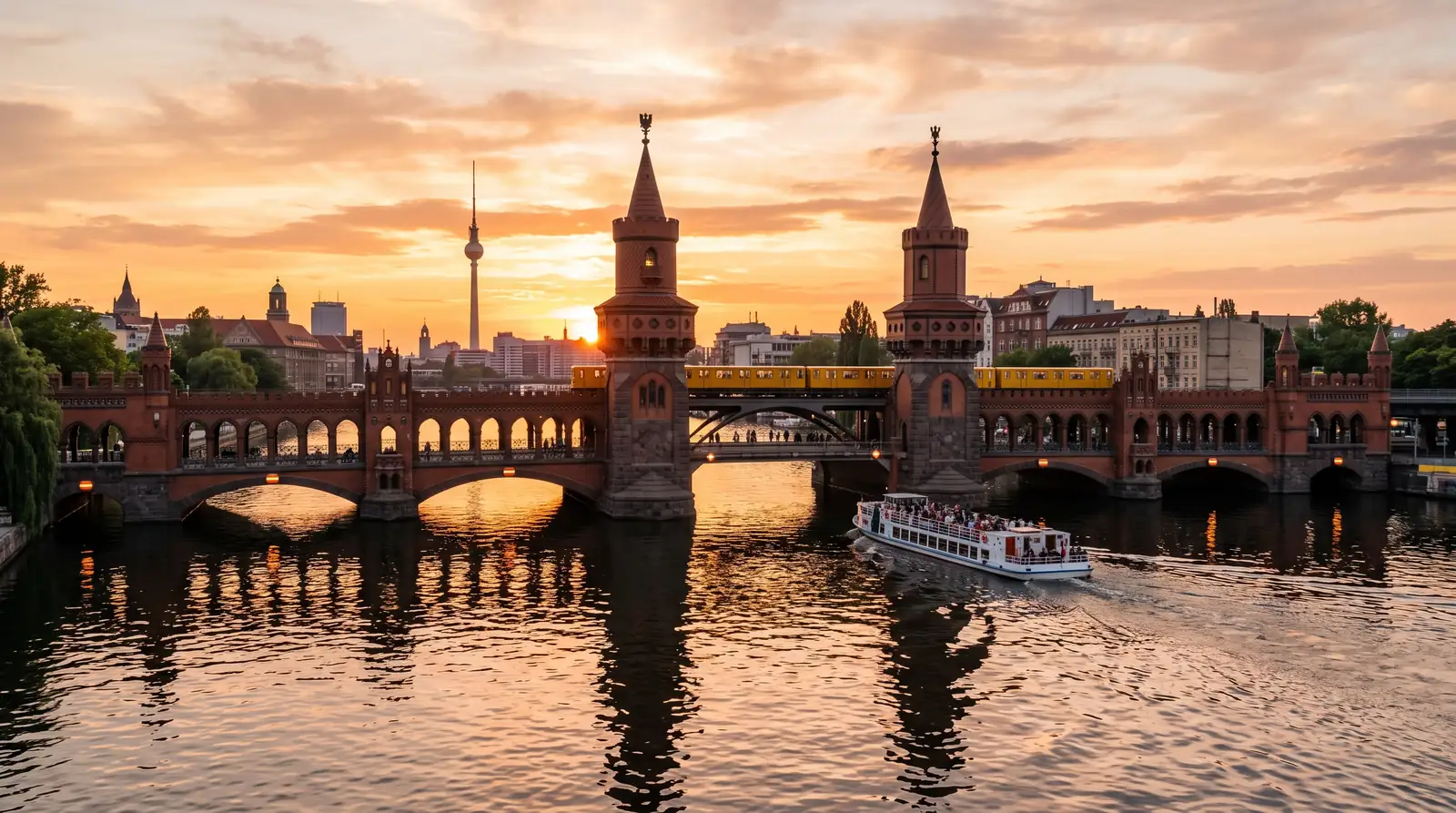 Oberbaum Bridge over the Berlin Spree at sunset