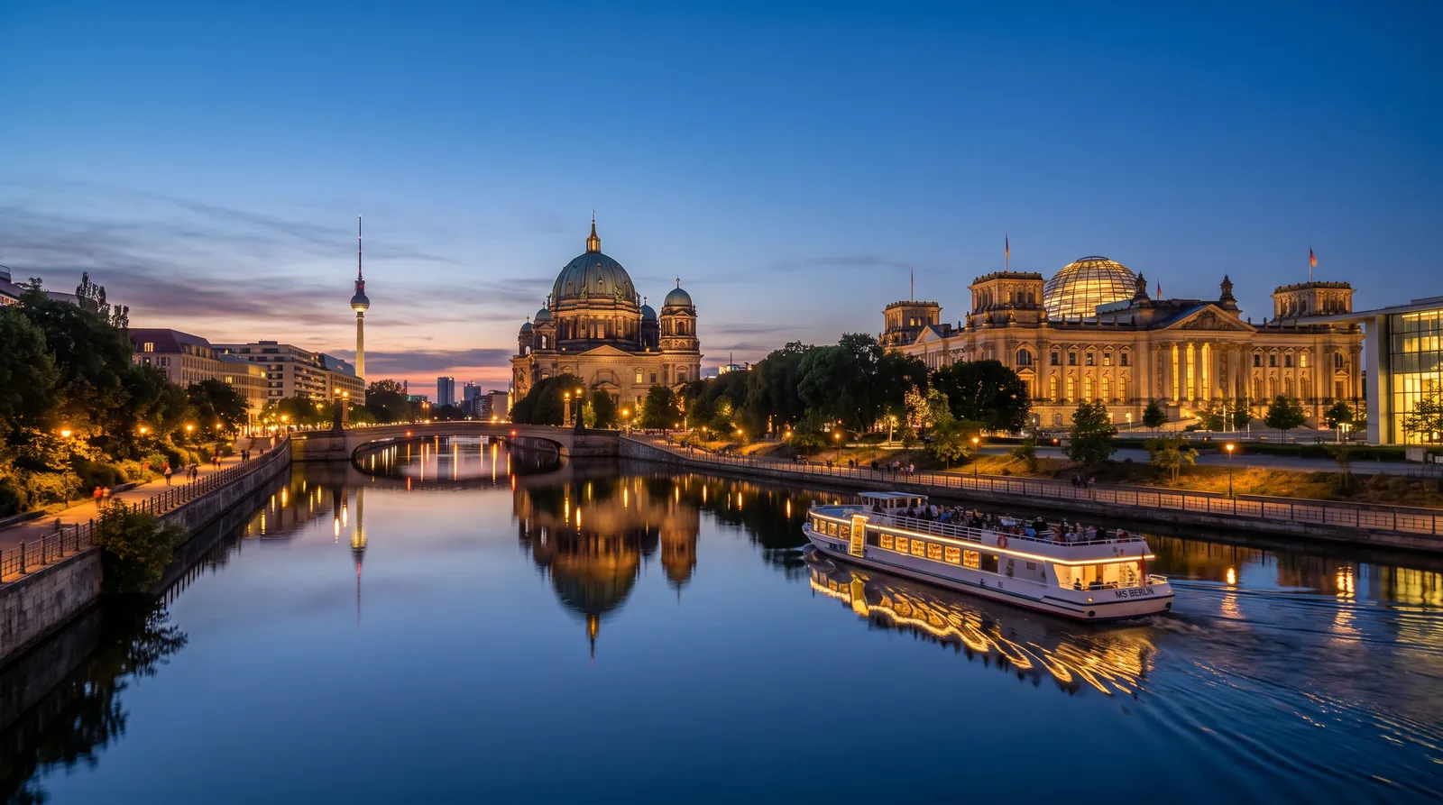 Blue-hour Berlin Spree cruise with lit landmarks