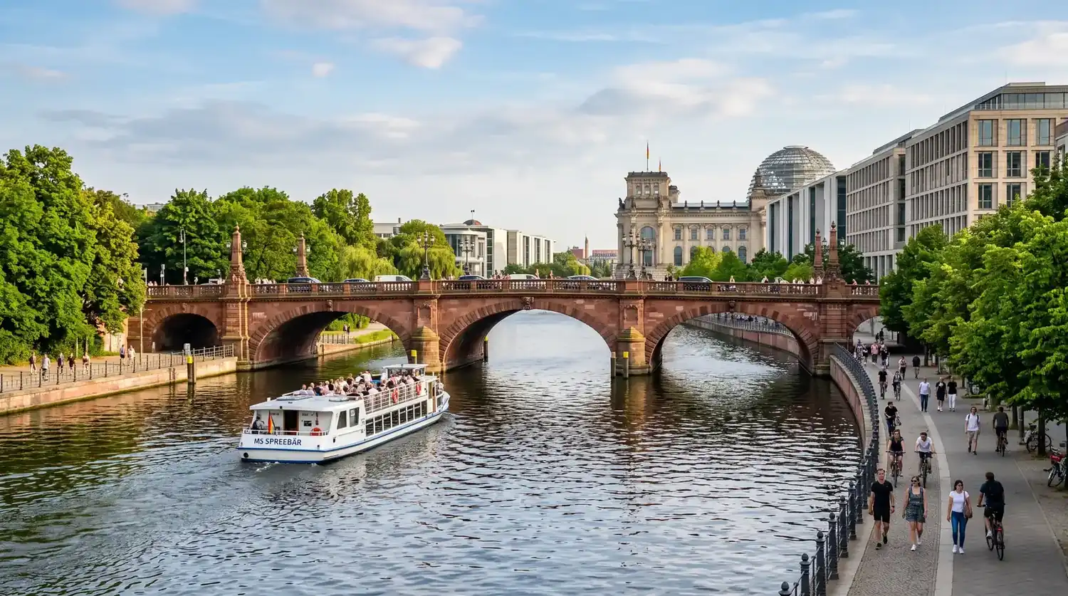 Sightseeing boat approaching a Berlin Spree bridge in summer