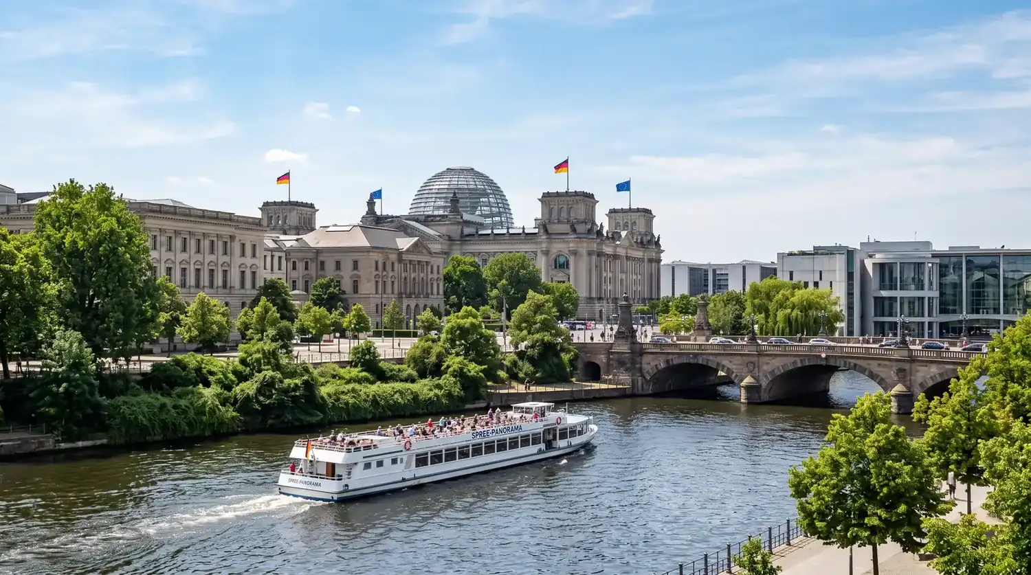 White sightseeing boat on the Berlin Spree by the Reichstag glass dome