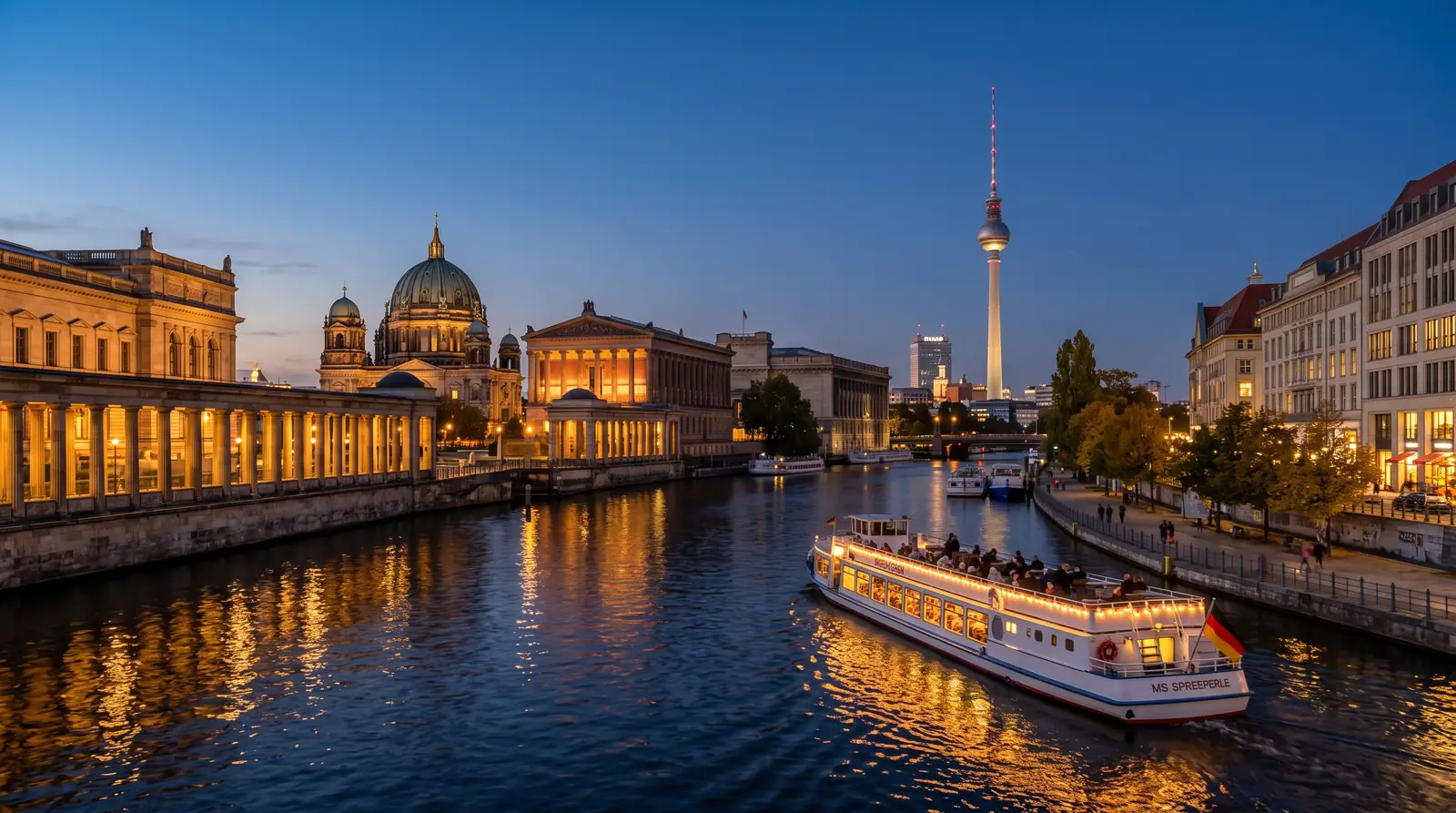 Berlin Spree at dusk with illuminated riverside buildings