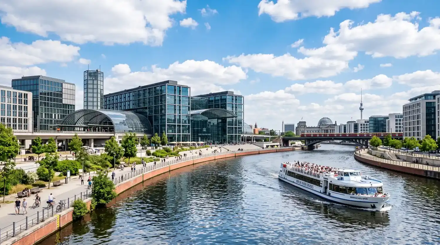 Boat on the Spree by Berlin's modern glass architecture