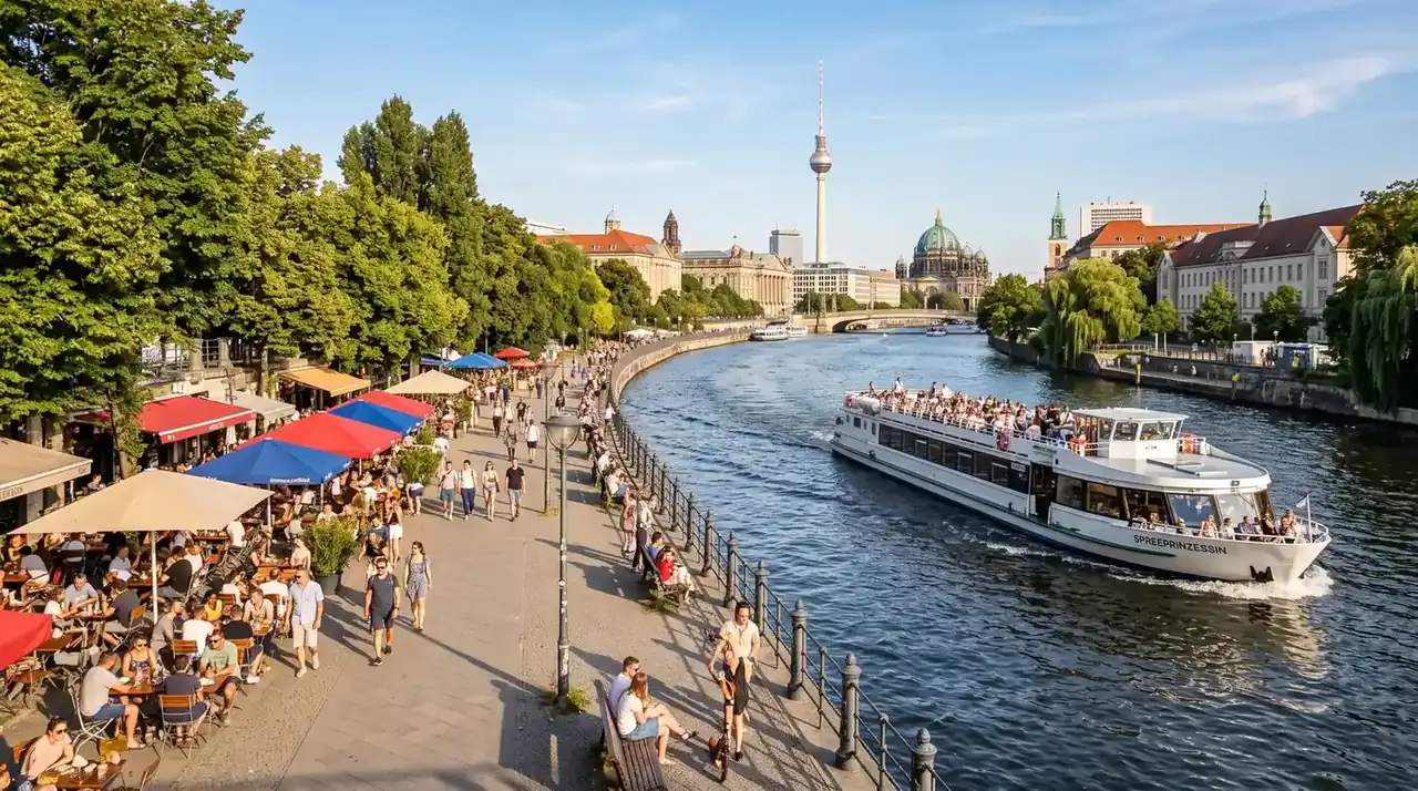 Berlin Spree riverside promenade with a passing cruise boat