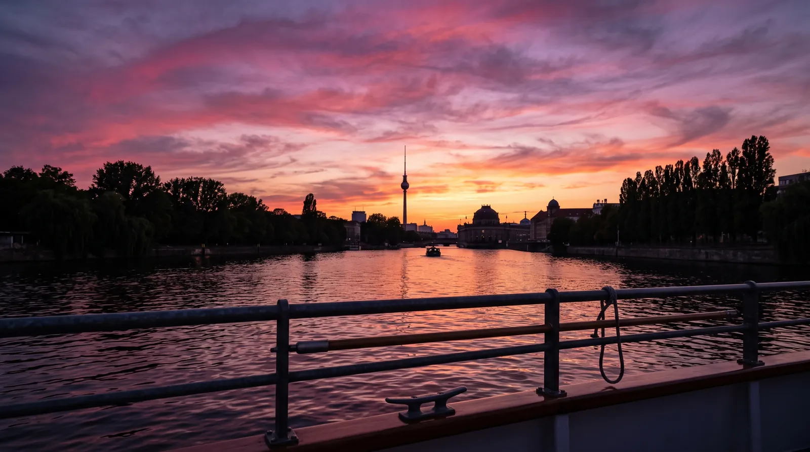 Pink sunset over the Berlin Spree with the TV Tower silhouette