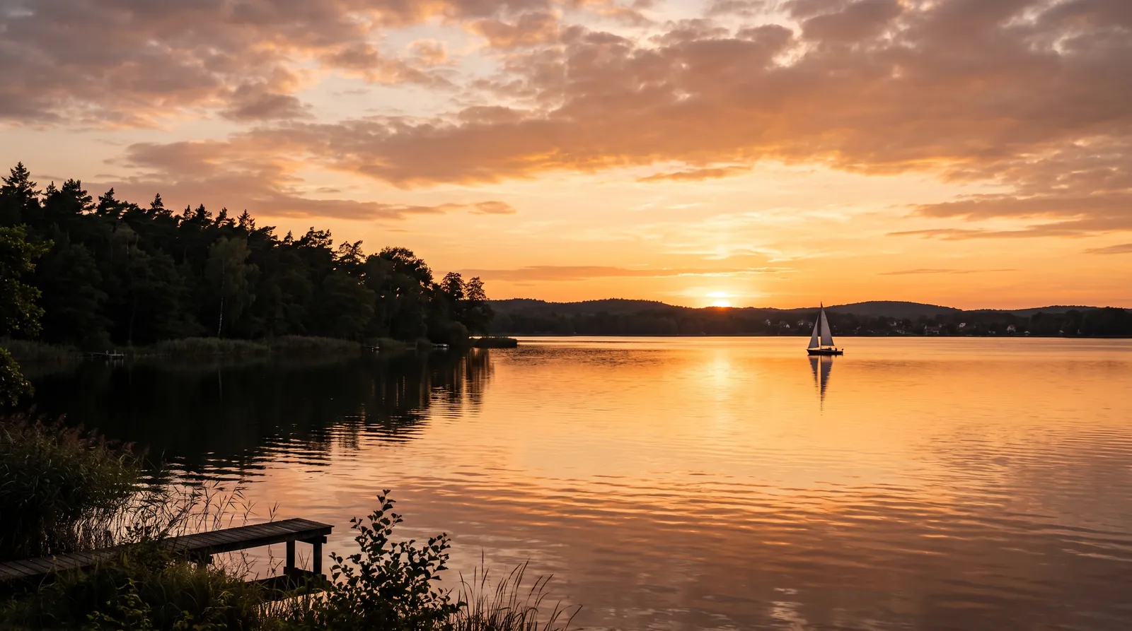 Golden sunset over a wide Berlin lake
